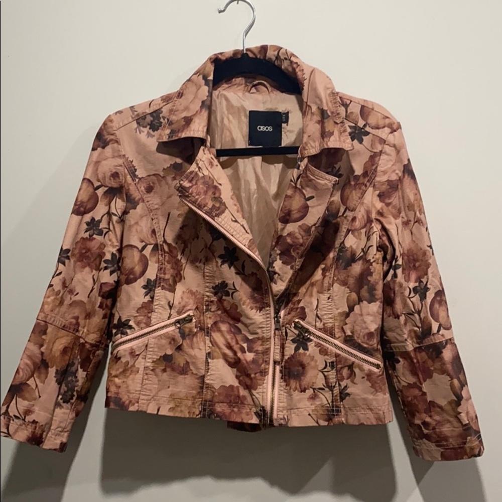 ASOS floral cropped faux leather jacket